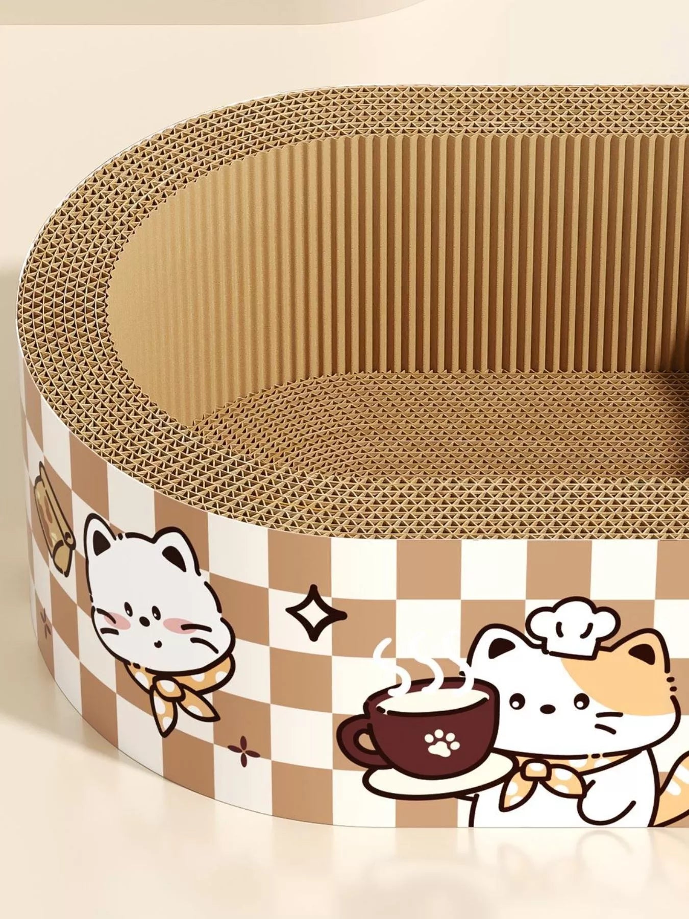 Round cat scratch lounge bed side with cartoon cats and checkered pattern