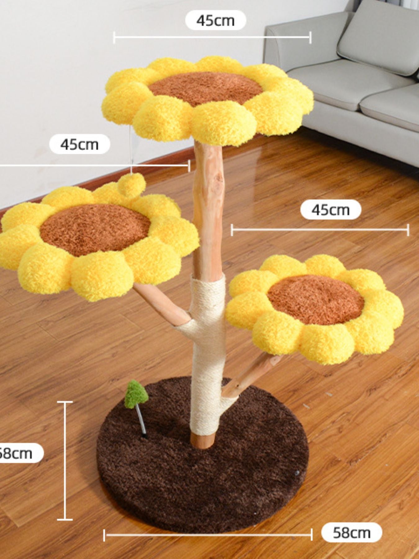 Árbol para gatos amarillo: 3 niveles, base circular; medidas 45/58 cm