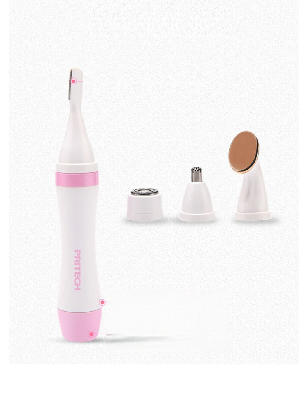 4-in-1 Nose Hair Trimmer set with pink handle and 3 interchangeable heads