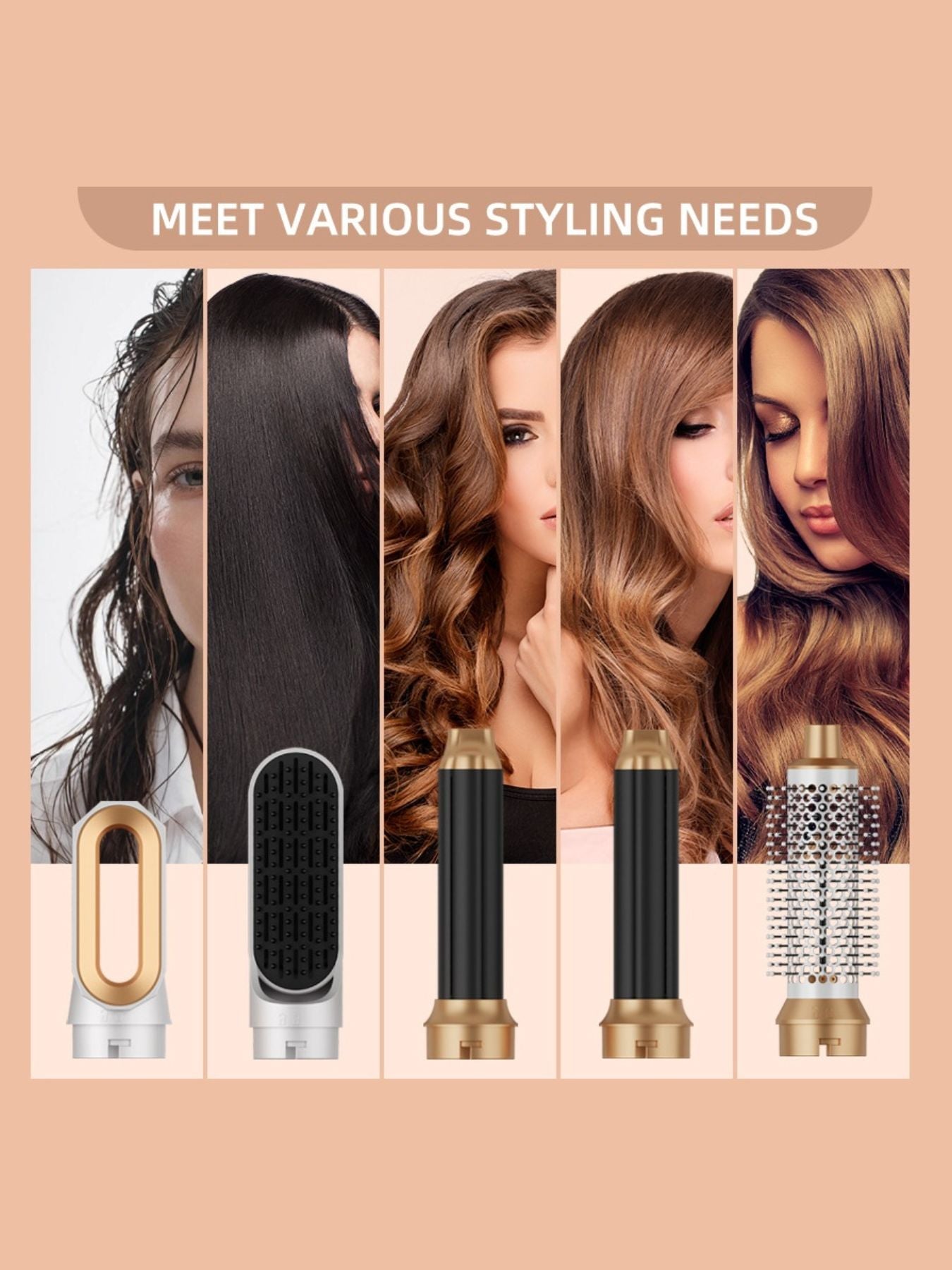 5‑in‑1 Hot Air Brush attachments, including round and vented brush heads