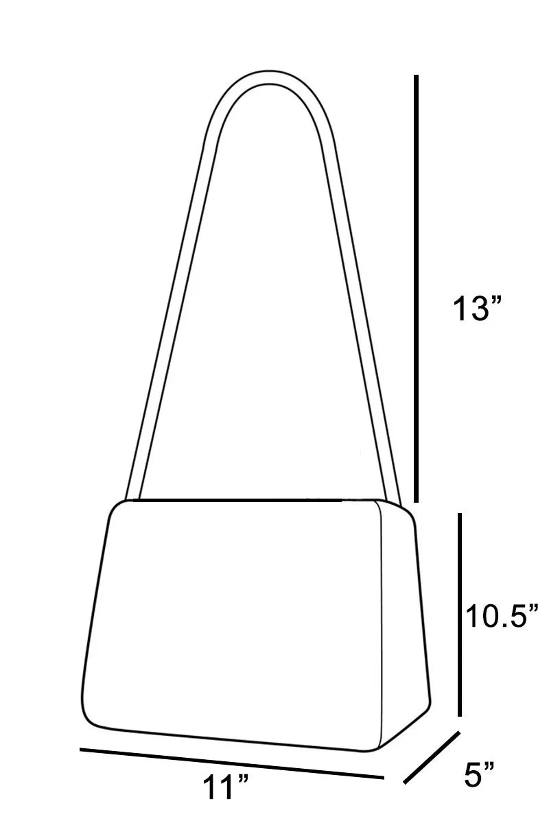 Size diagram for faux suede bucket pouch tote: 13" tall, 11" wide