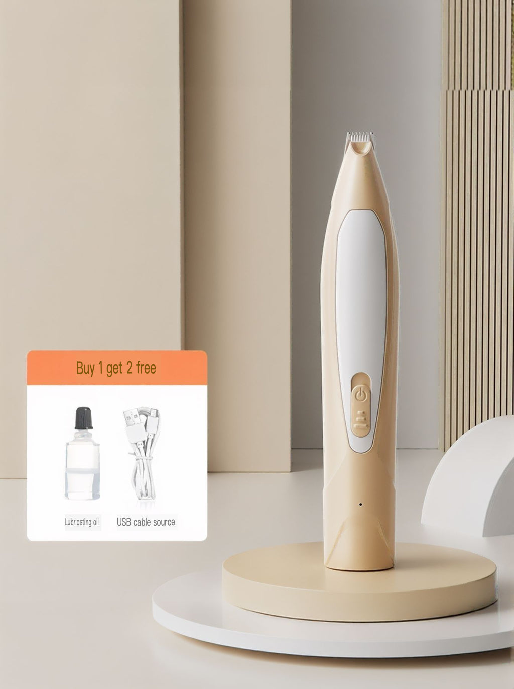 Battery powered pet paw trimmer in beige/cream, standing upright