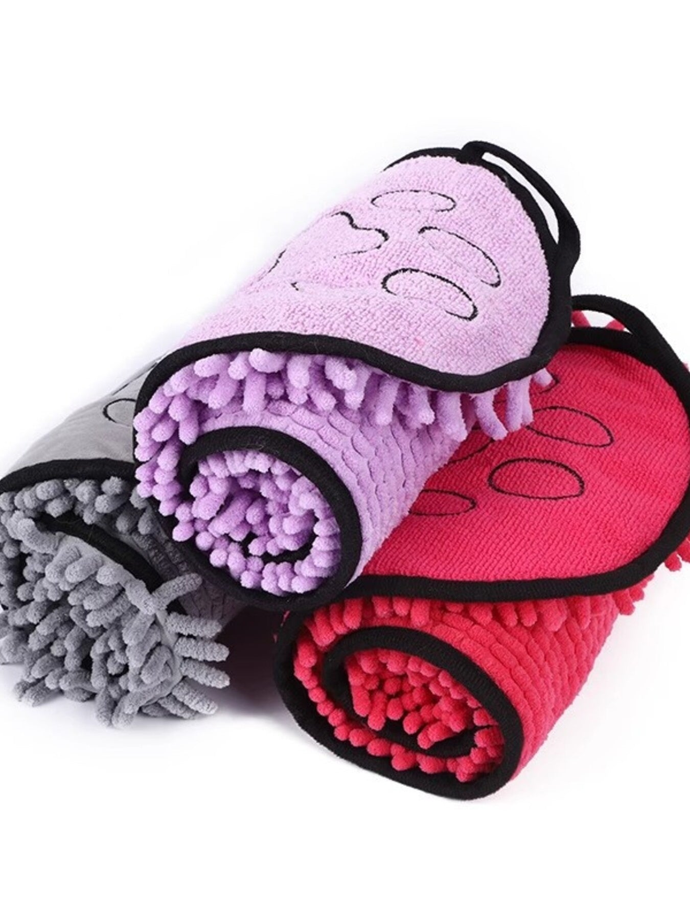 Paw Print Pet Towel morado y rojo con borde negro y huellas tipo patita