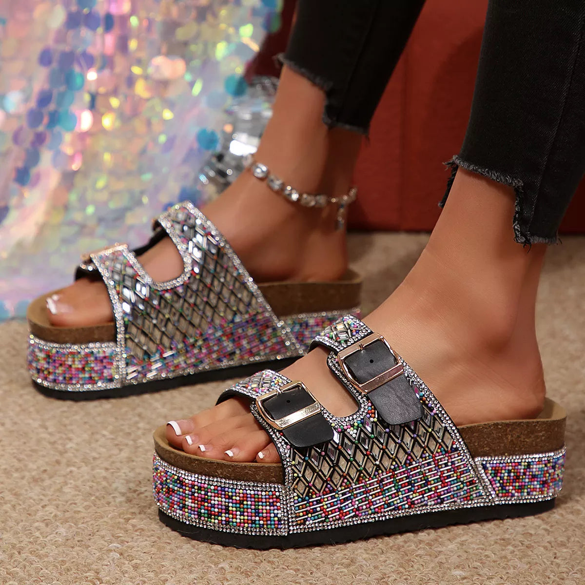 Rhinestone slide sandals with two buckles, multicolor bead-and-rhinestone upper, wedge