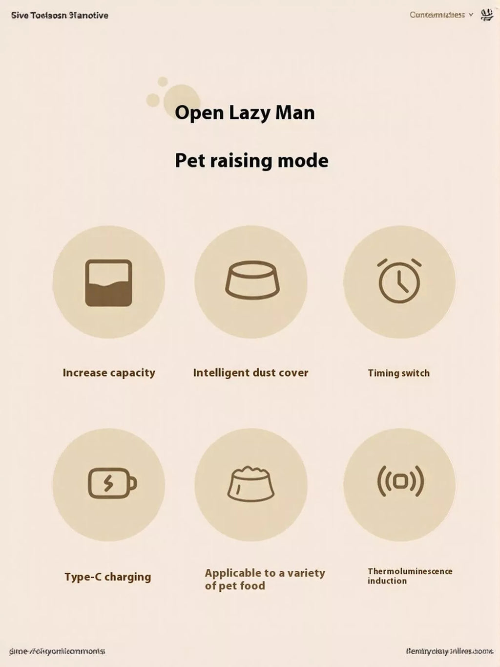 Automatic pet feeder feature diagram: capacity, dust cover, and timing switch icons