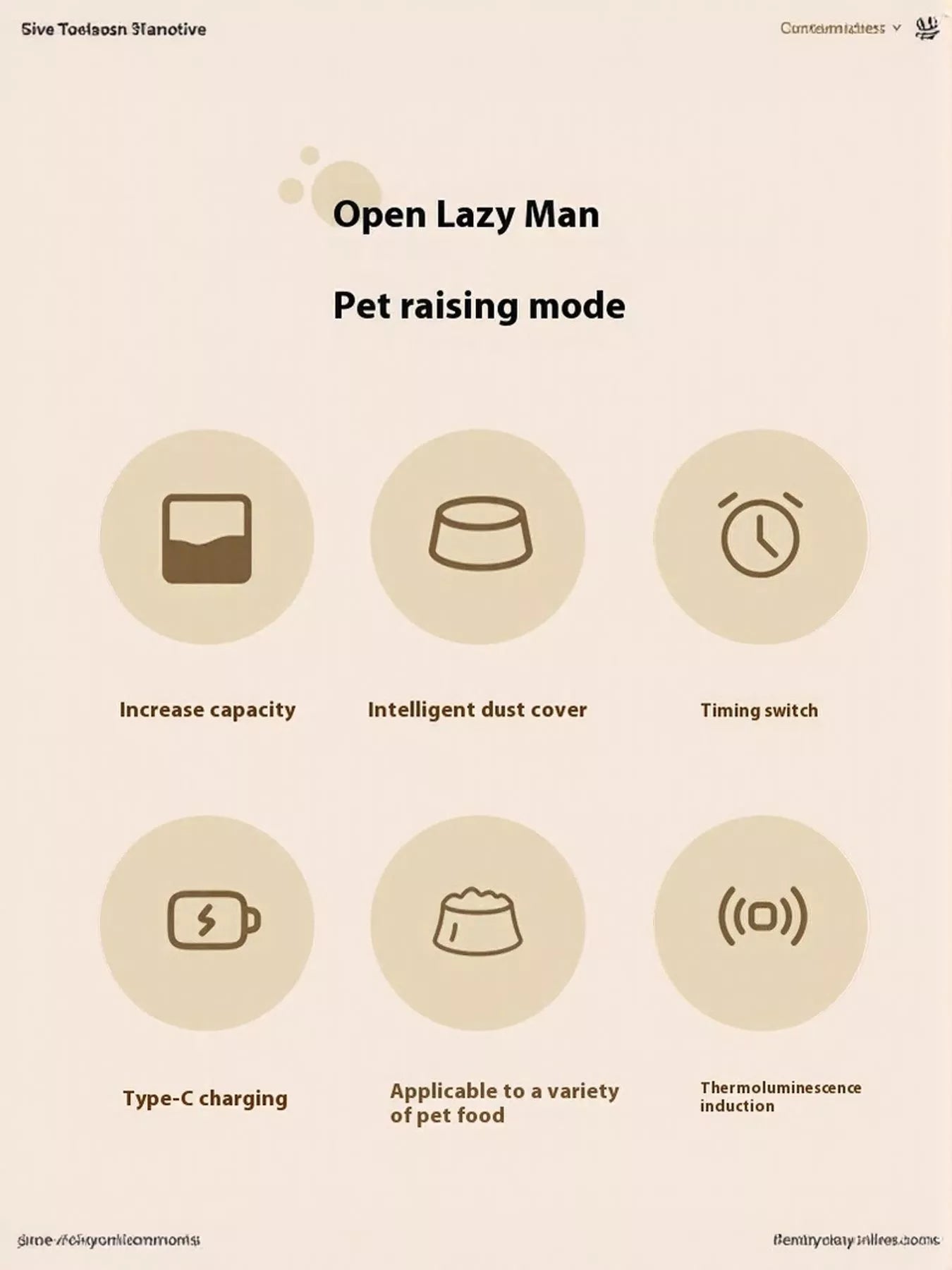 Automatic pet feeder feature diagram: capacity, dust cover, and timing switch icons