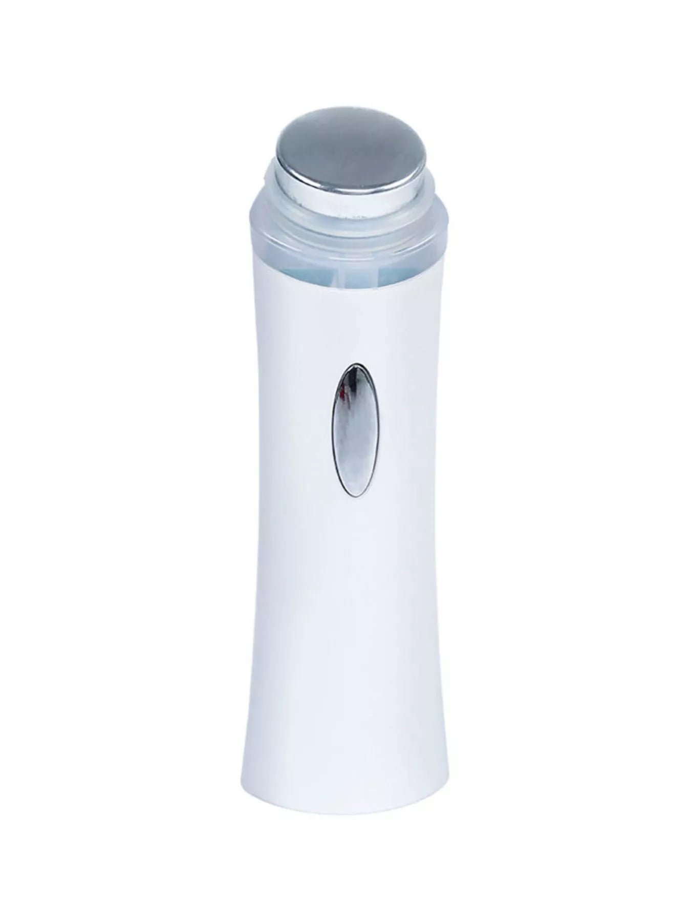 White facial skin tightening beauty device with chrome top and oval window panel
