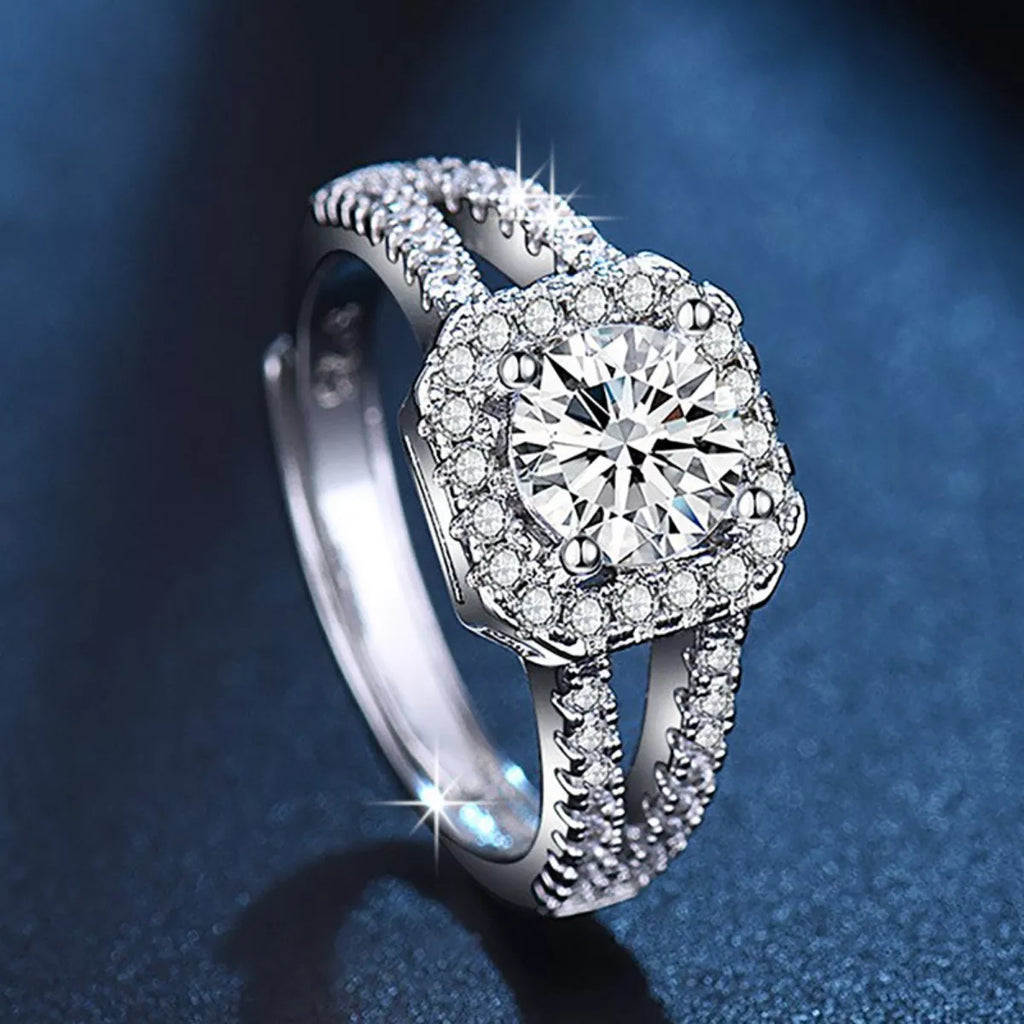 1-carat moissanite halo ring with pavé accents, 925 sterling silver, round center stone