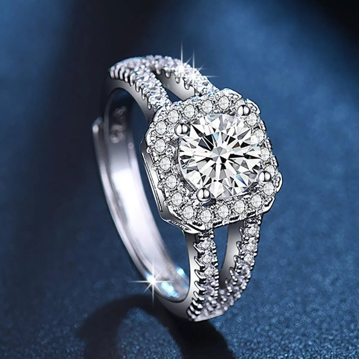 1-carat moissanite halo ring with pavé accents, 925 sterling silver, round center stone