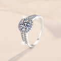 925 sterling silver moissanite ring with round halo center stone and pavé band