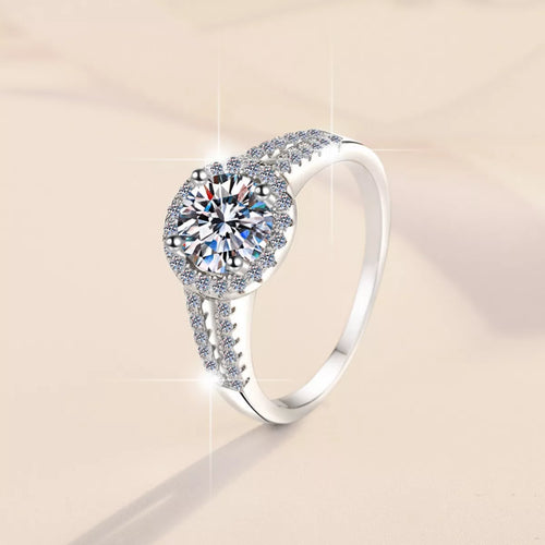 925 sterling silver moissanite ring with round halo center stone and pavé band