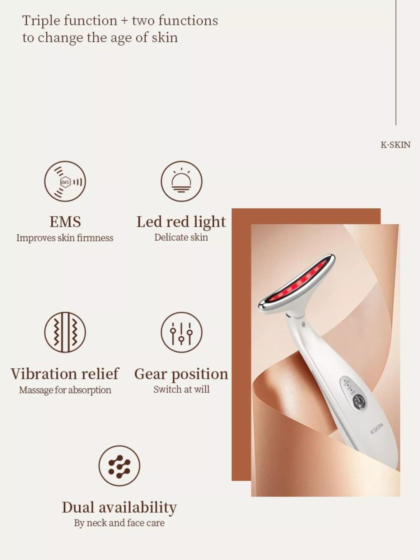 White skin massager modes chart with EMS, red light, vibration, and dual use