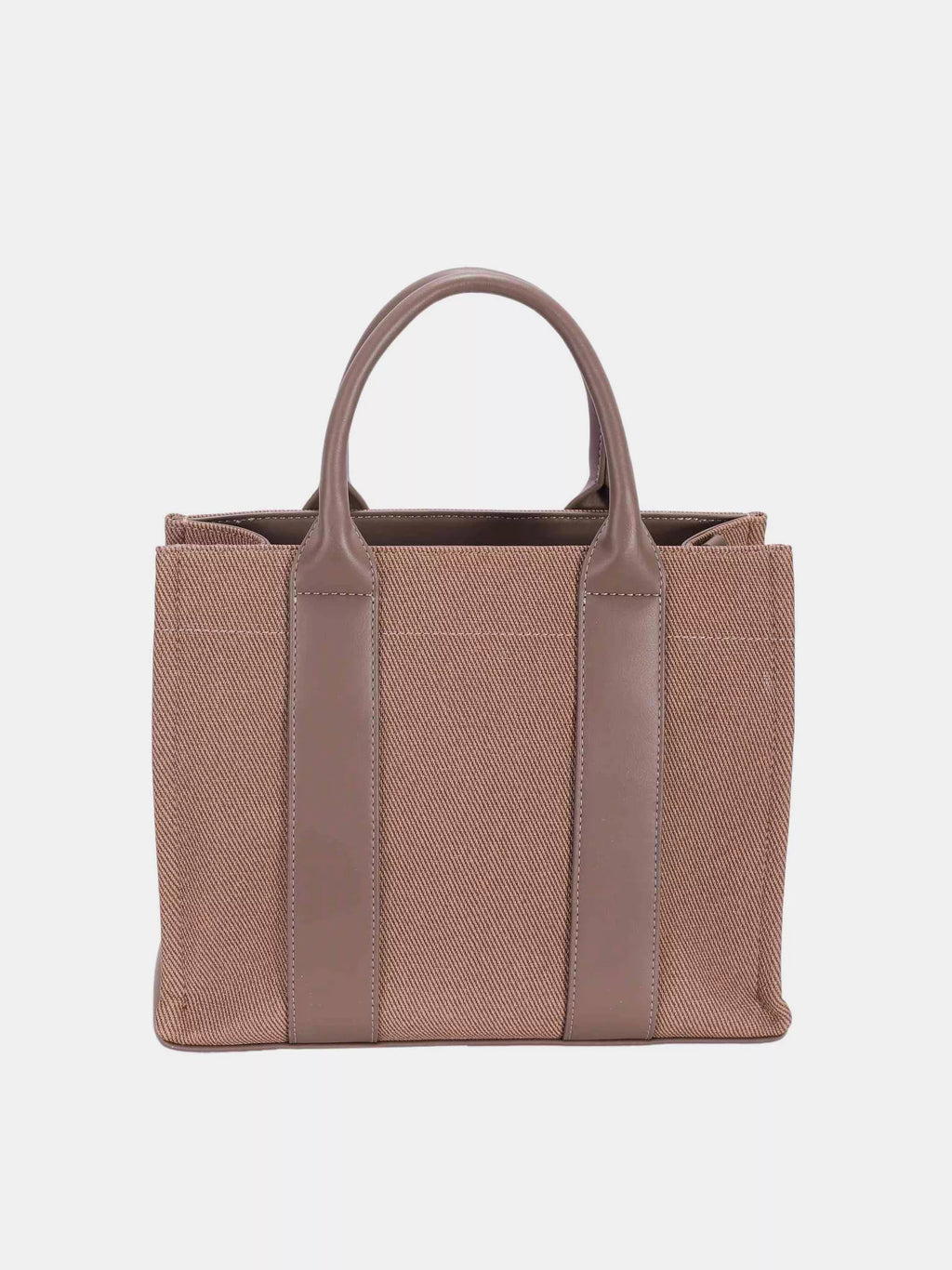 David Jones canvas tote with contrast leather vertical panels and top handles