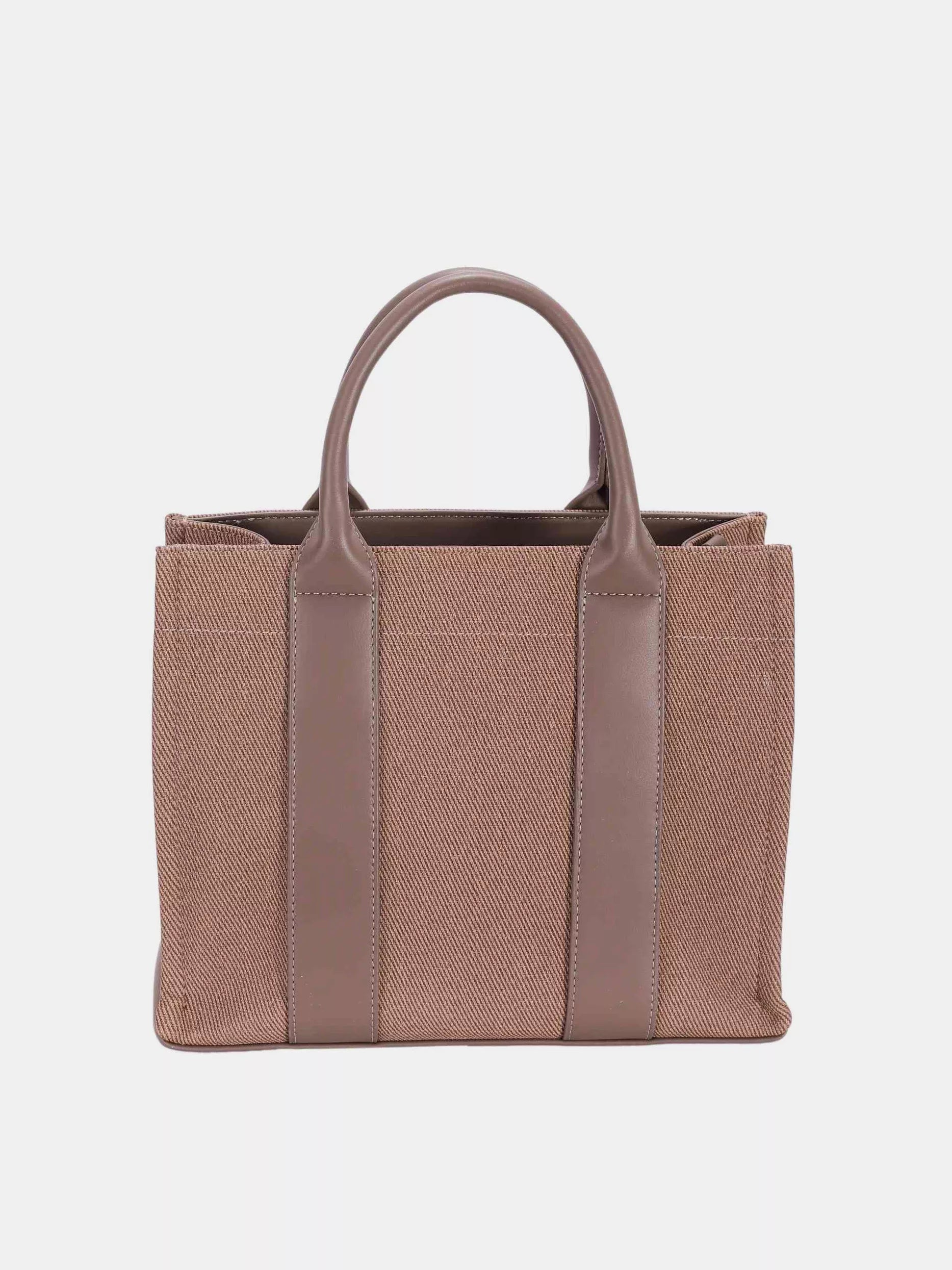 David Jones canvas tote with contrast leather vertical panels and top handles