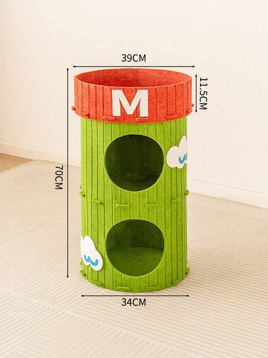 Green barrel-style cat house with M ring and stacked openings, 39x34x70cm dimensions shown