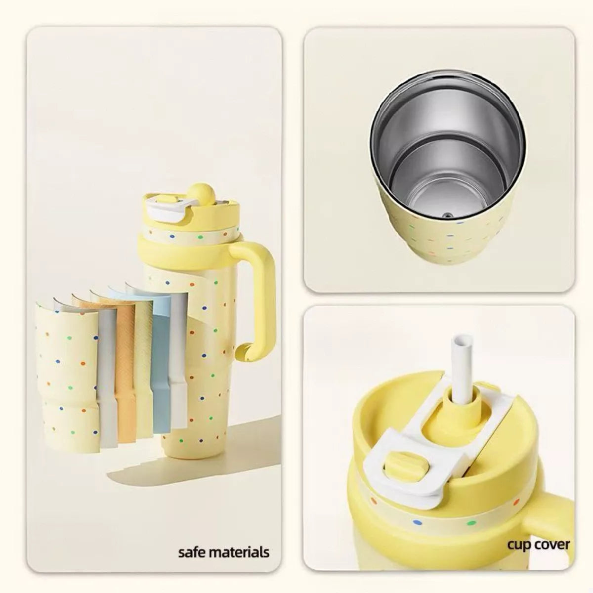 Yellow 1000ML straw bottle with cup cover and straw parts shown