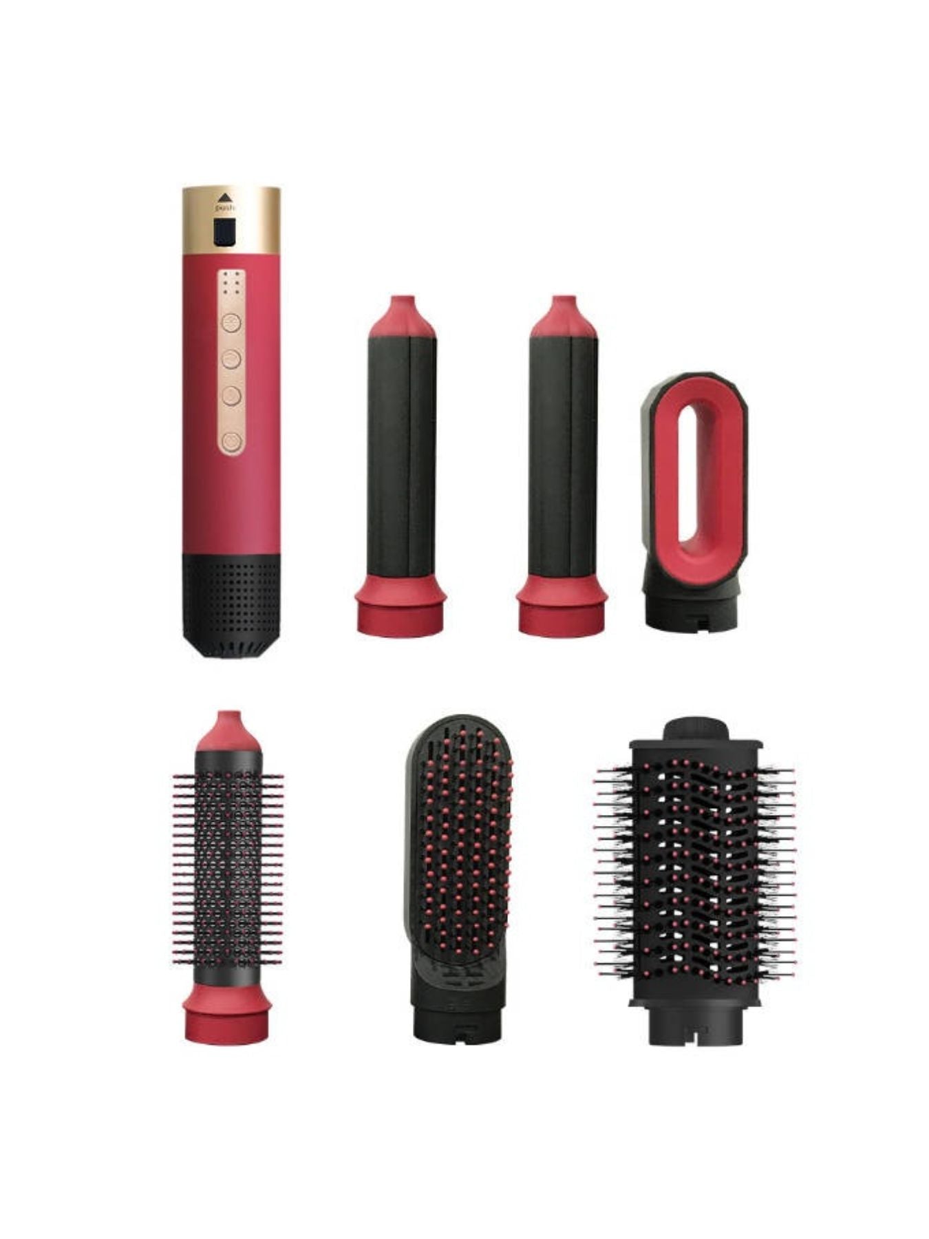 Deep red 5-in-1 hot air brush set with several nozzle attachments and oval comb