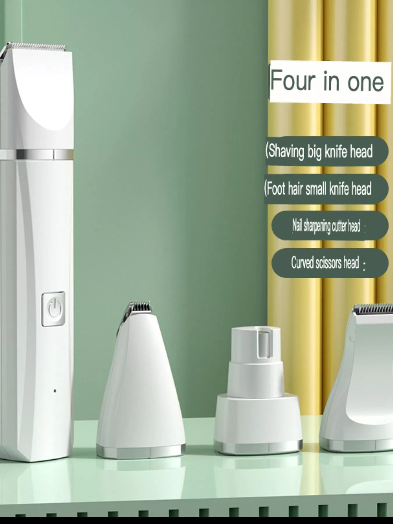 Multifunctional pet grooming kit with 4-in-1 heads: shaving, foot, nail, scissors