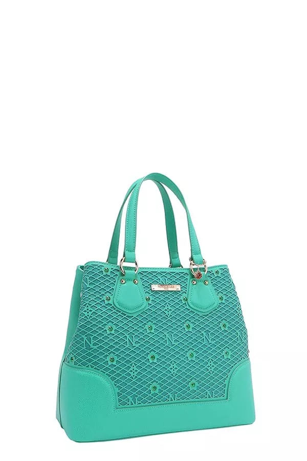 Emerald green monogram handbag with front zipper pocket and double top handles