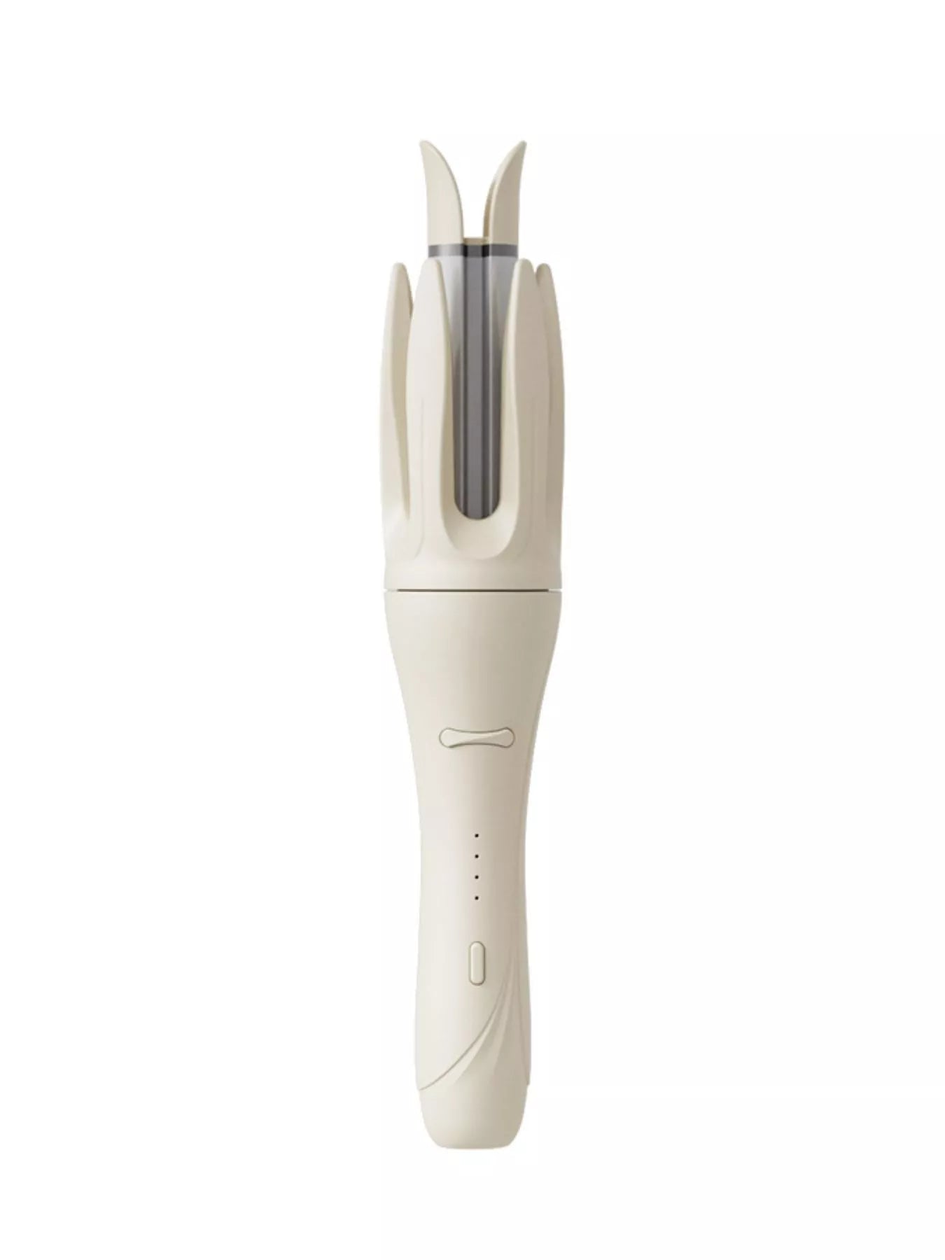 Beige automatic rotating ceramic curling iron, vertical front view with ceramic barrel