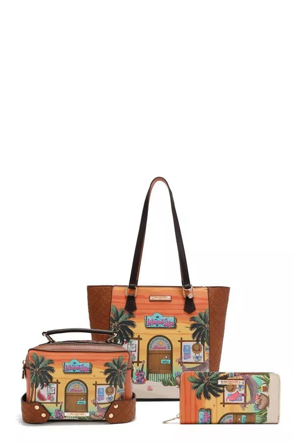 3-Piece bag set in Sun and Sand: patterned tote with matching pouch and crossbody