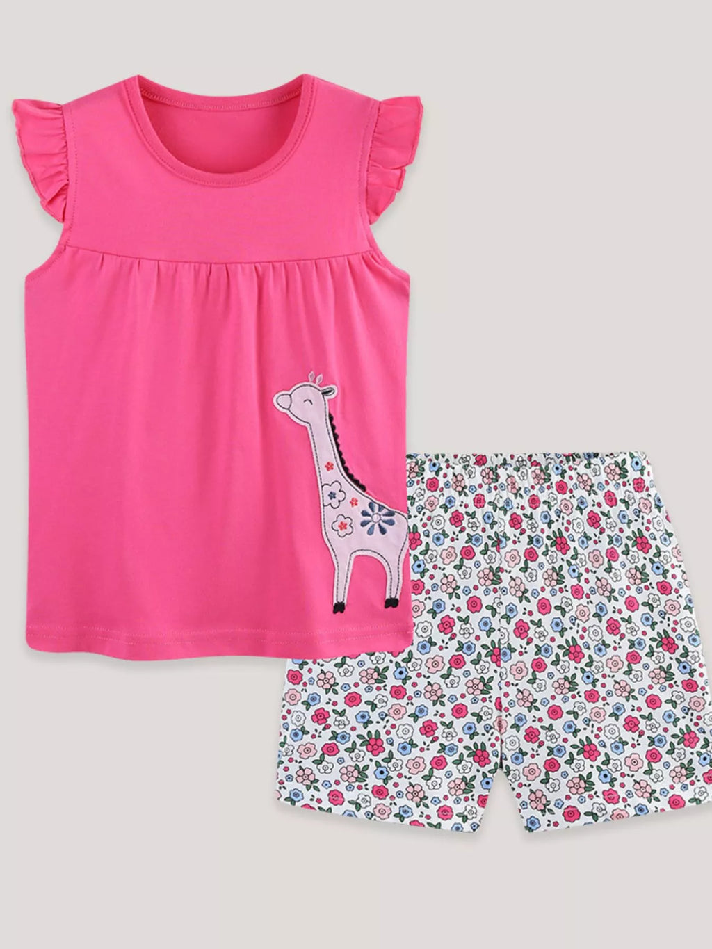 Hot pink ruffle-sleeve tank top with giraffe applique and matching floral shorts