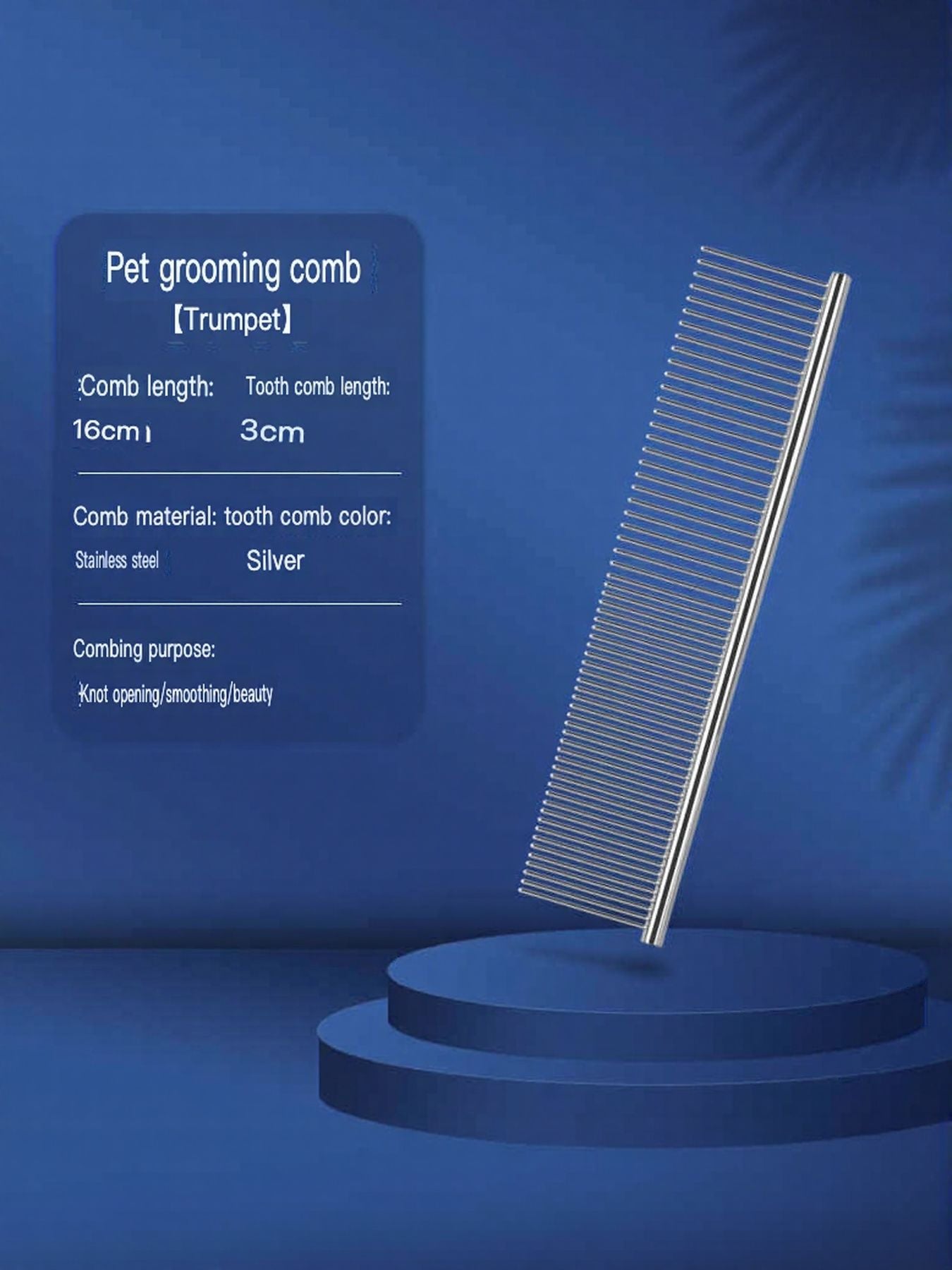 Pet grooming comb (trumpet) stainless steel fine teeth, 16 cm length