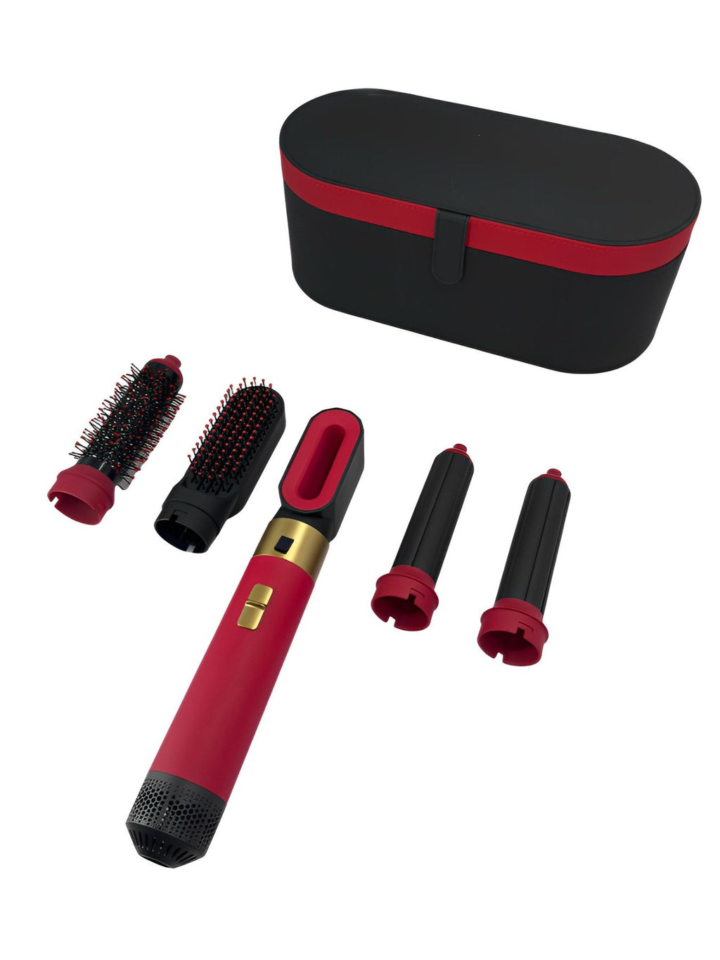 Deep red 5-in-1 hot air brush with included storage case and multiple styling heads