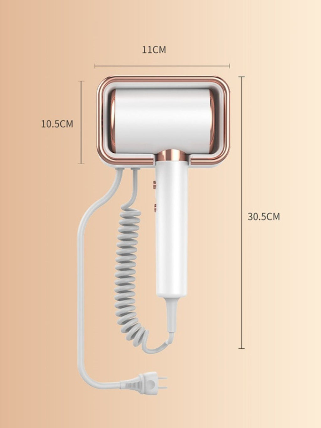 White multi-speed hair dryer dimensions view: rose-gold nozzle and coiled cord