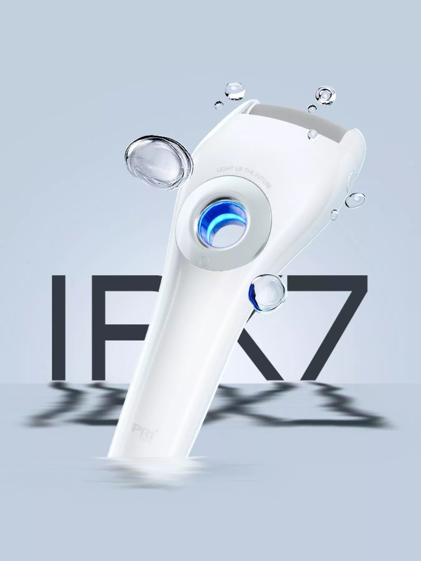 White electric foot nail buffer with glowing blue LED light on the head
