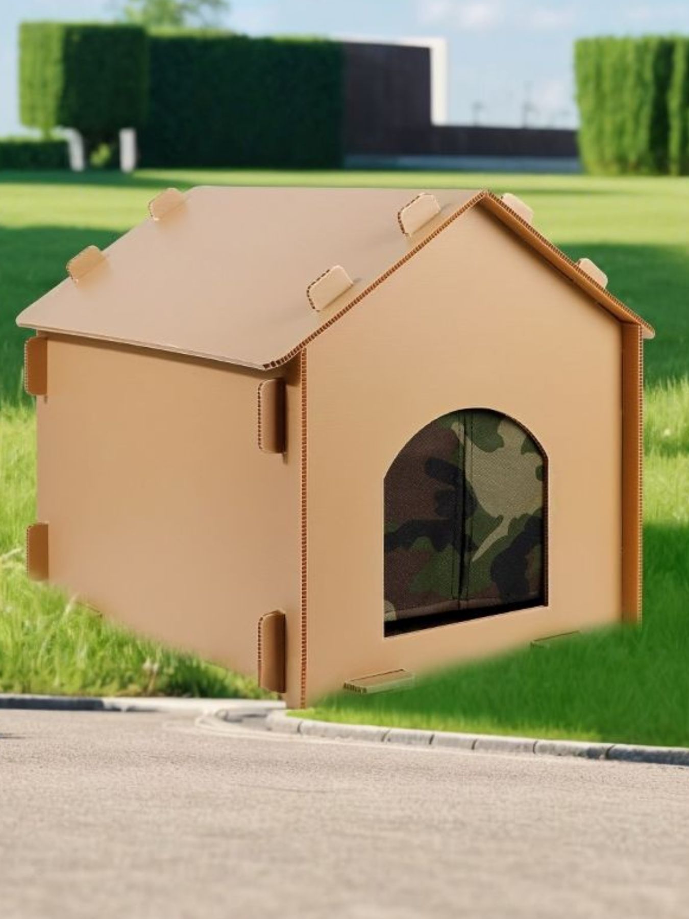 Waterproof pet house beige con panel frontal y ventana semicircular, vista lateral