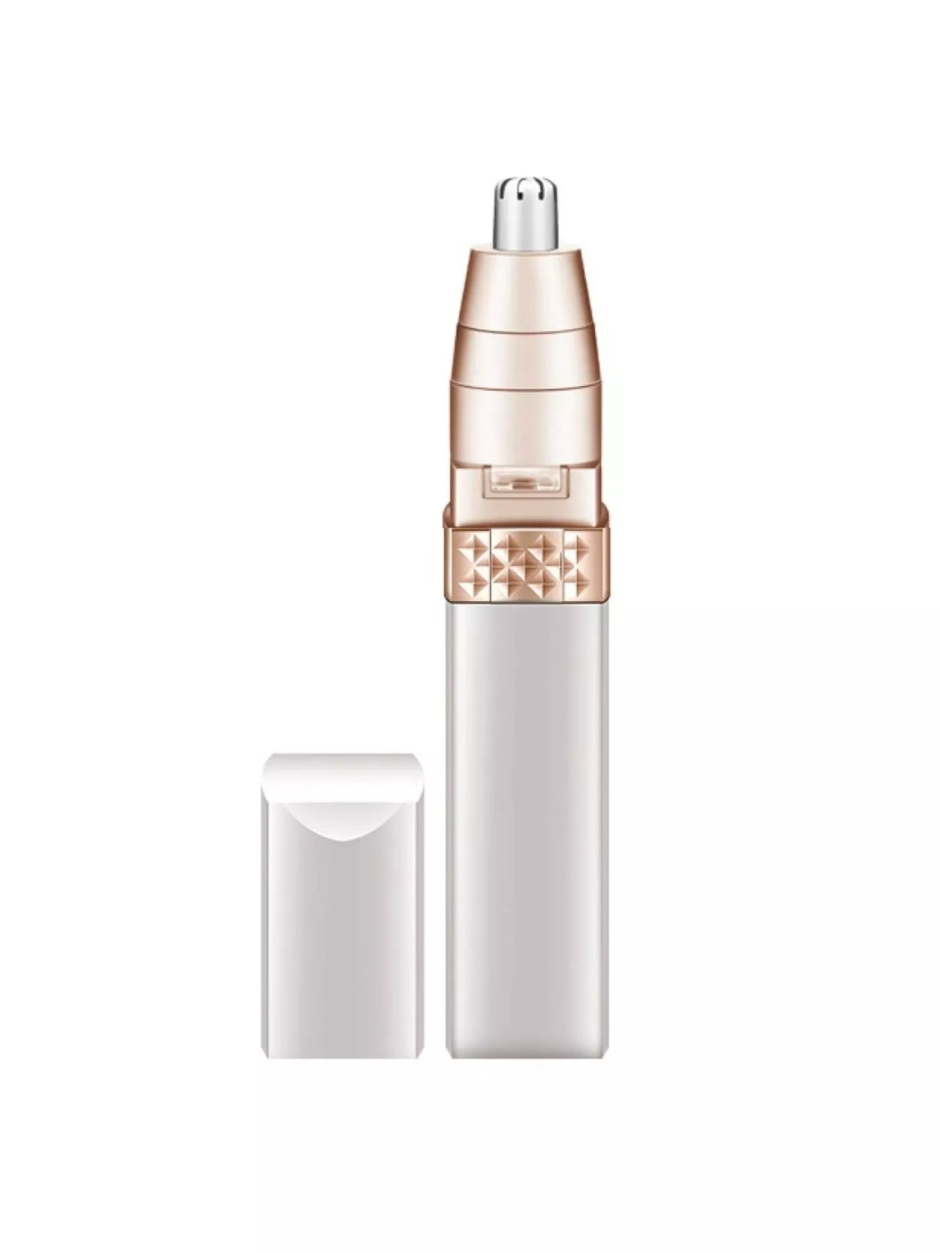 Portable nose hair trimmer, white body with rose-gold patterned band