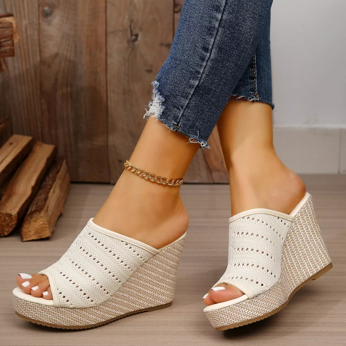 Open Toe Wedge Sandals Beige, knit open-toe slide with perforated straps and wedge