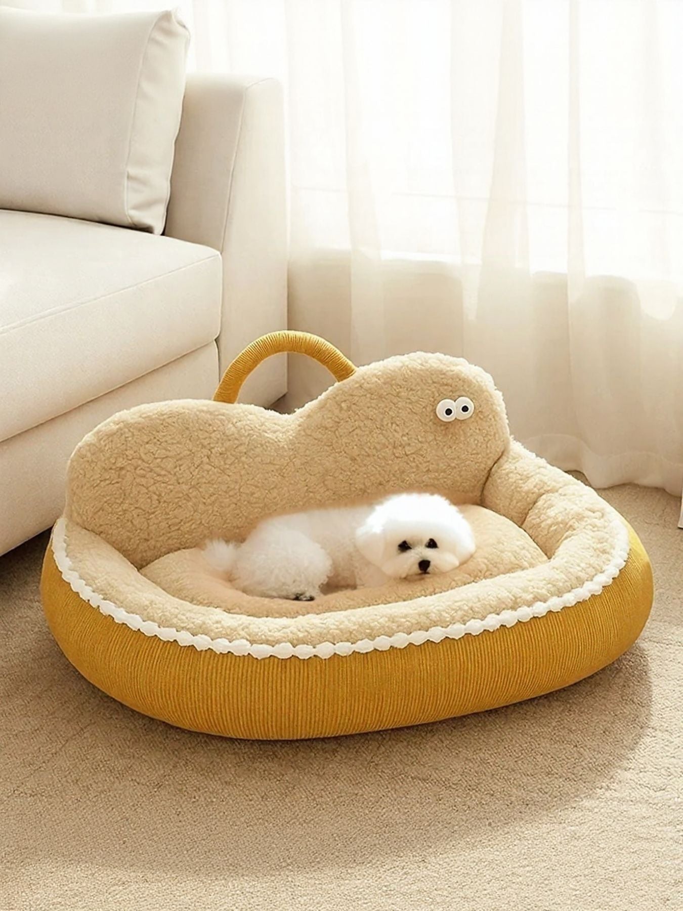 Ginger-yellow cartoon pet nest with plush lining and side handle
