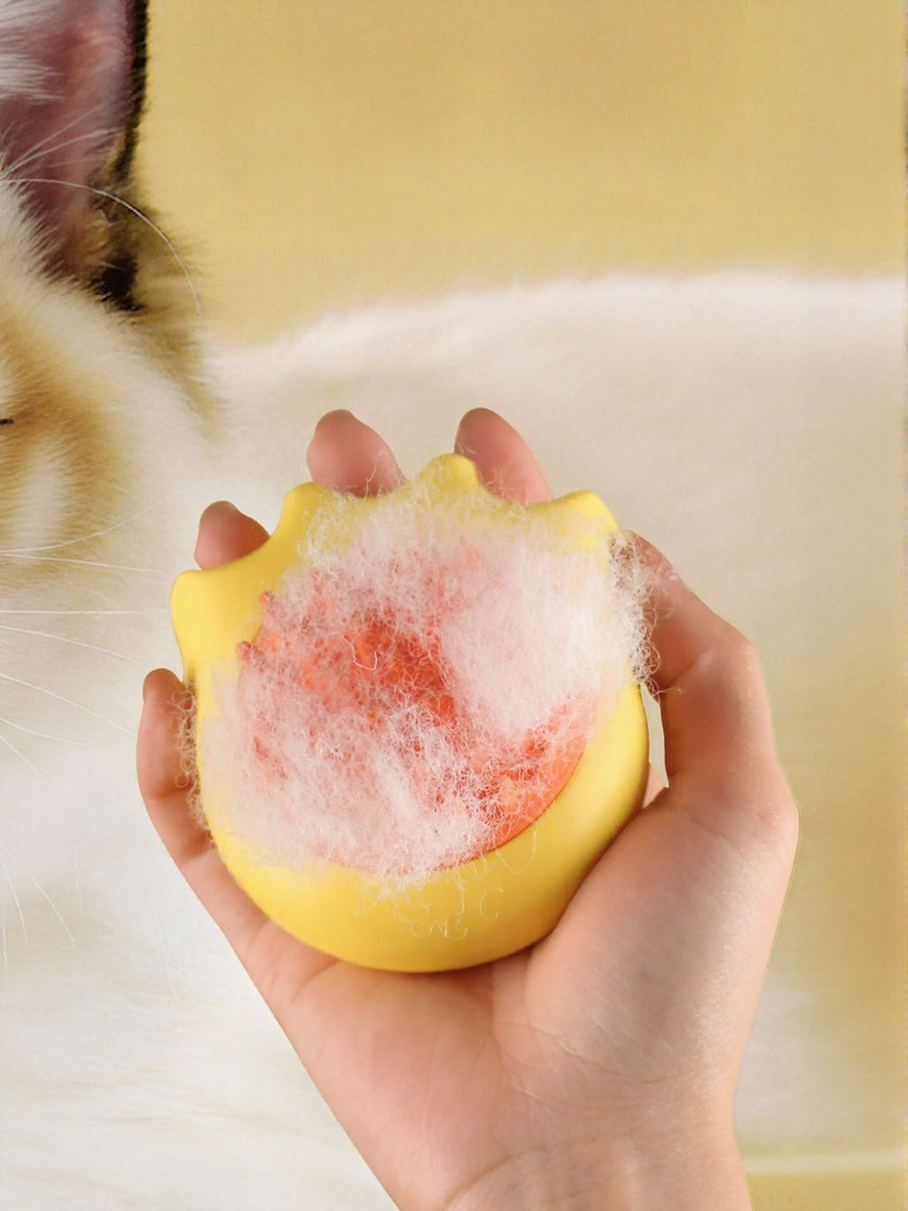 Yellow pet shower brush with orange bristles in hand, soapy foam on brush surface