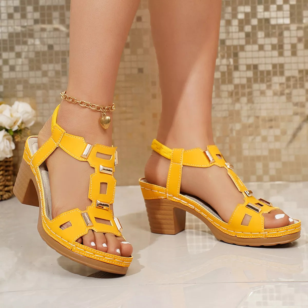 Open-toe block heel sandals, bright yellow with crisscross straps and chunky block heel