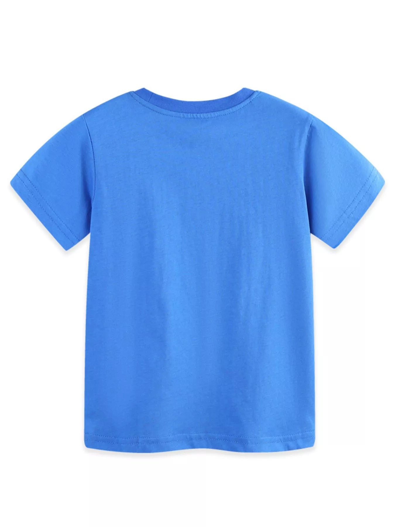 Back of blue kids crew neck T-shirt, plain solid design
