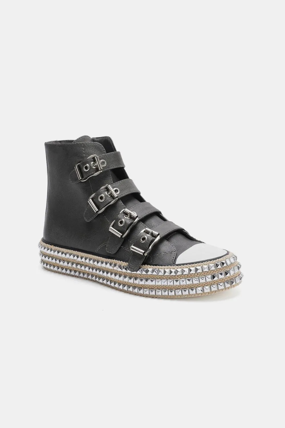 Black high-top sneaker with three front buckles, studded platform sole and white cap