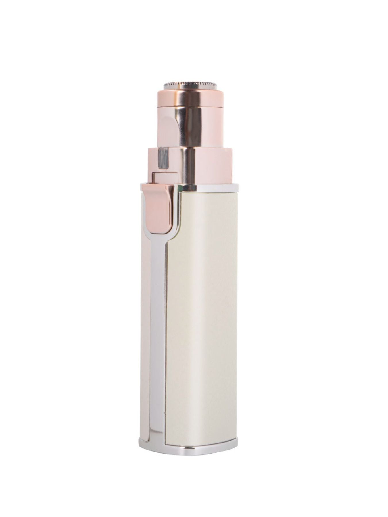 Beige portable eyebrow trimmer with foil head assembly and protective clip