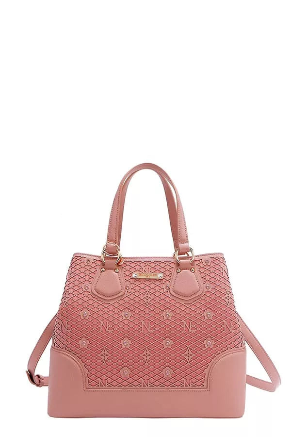 Rhinestone monogram pattern handbag, blush pink with top handles and shoulder strap