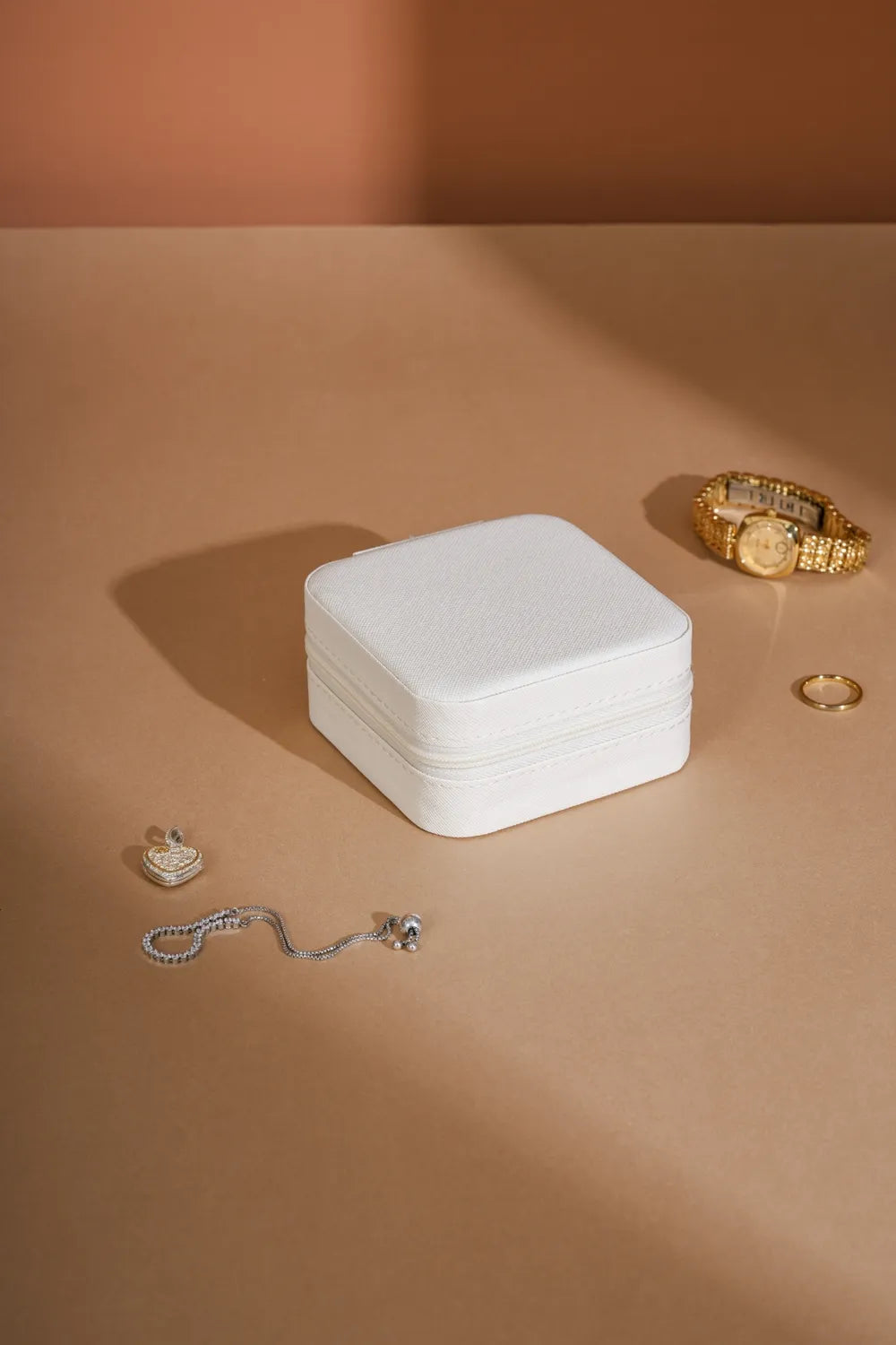 White PU leather square jewelry box, closed top with compact stacked design