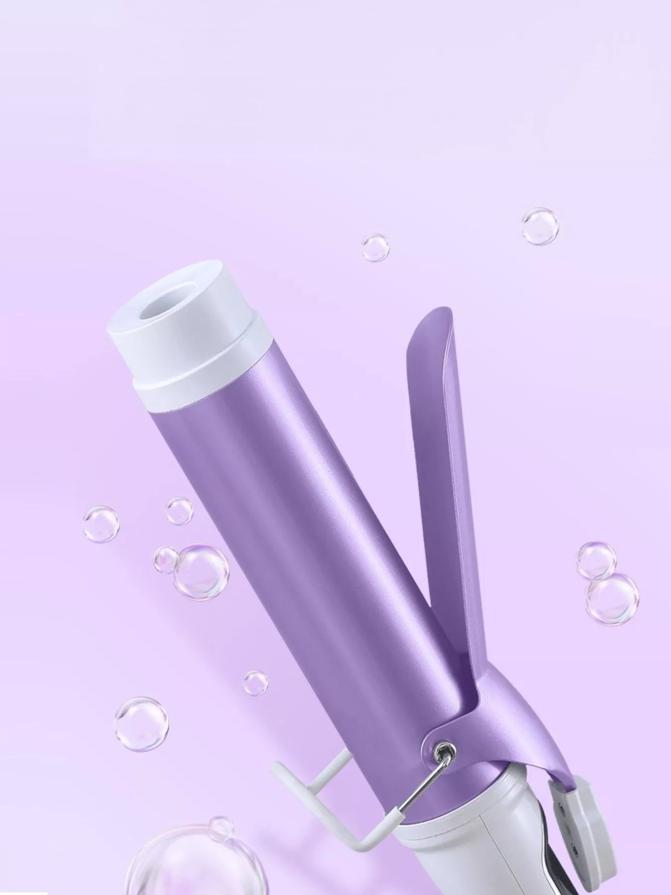 Purple automatic rotating ceramic curling iron with clasped barrel and safety guard.