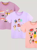 Kids fruit cartoon short-sleeve T-shirt set: lavender, pink, and coral with graphic print