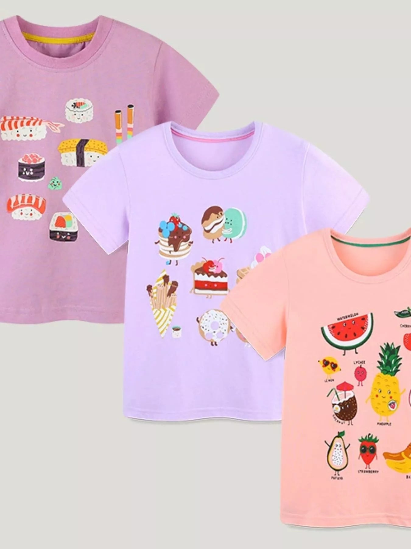 Kids fruit cartoon short-sleeve T-shirt set: lavender, pink, and coral with graphic print