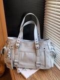 Buckle decor shoulder bag in light blue, double top handles and buckled straps