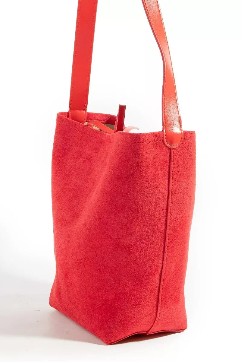 Faux suede bucket pouch tote, red with side seam and wide top straps