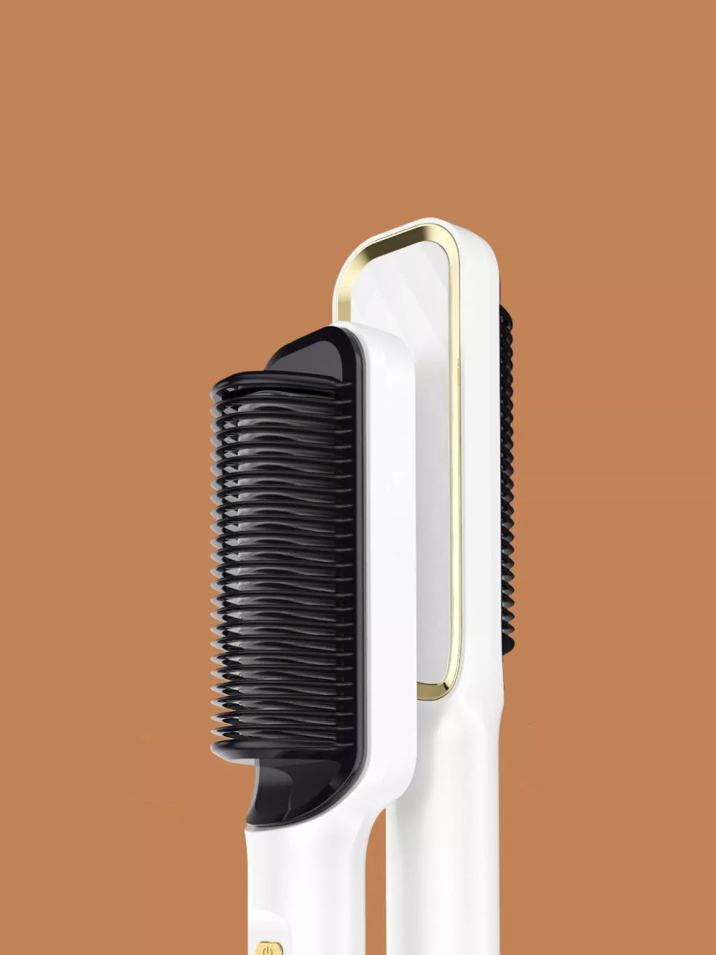 White ceramic straightening comb with black bristles and gold-edged top plate