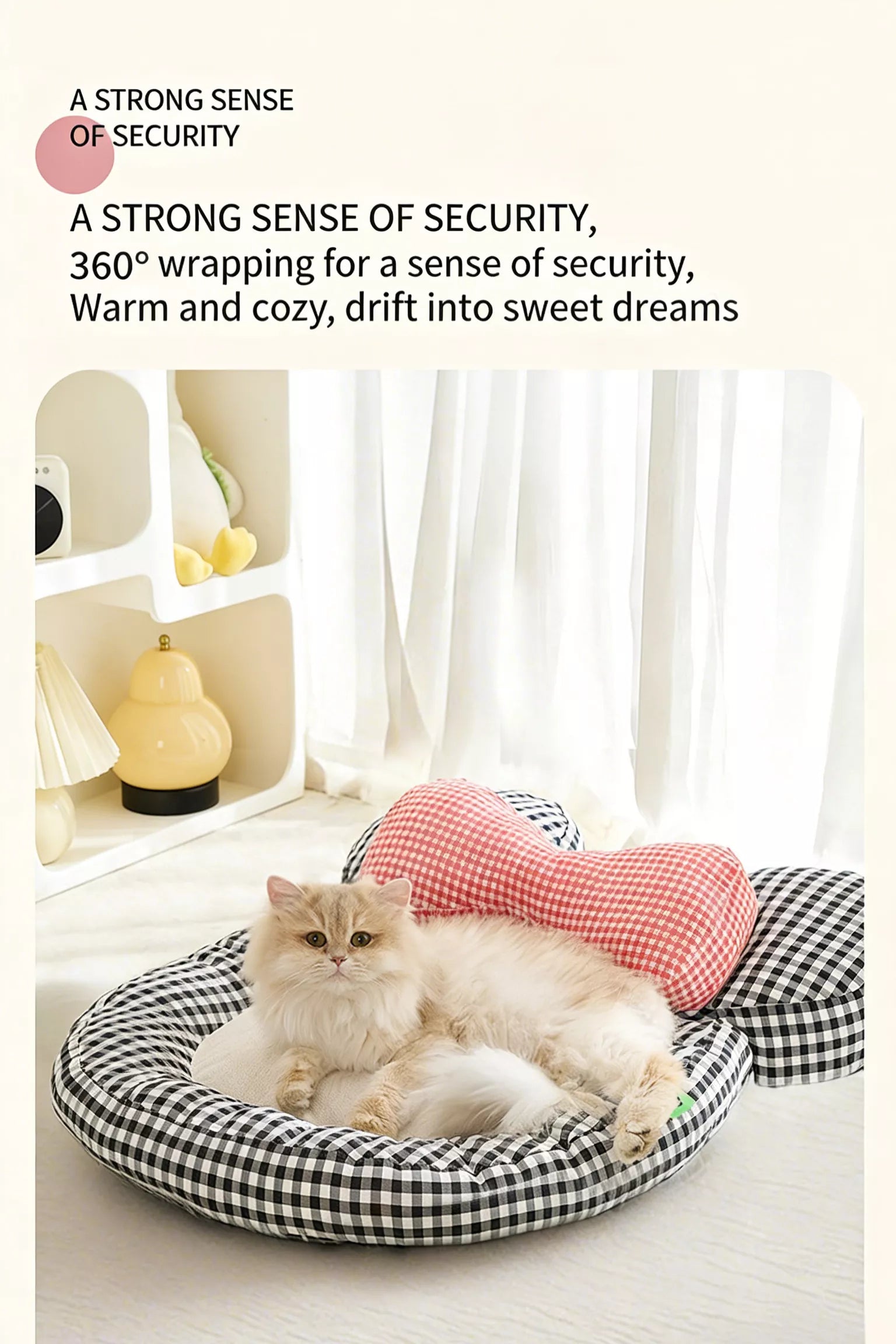 Plaid pet bed with checkered bow bolster, cat resting in oval cushion