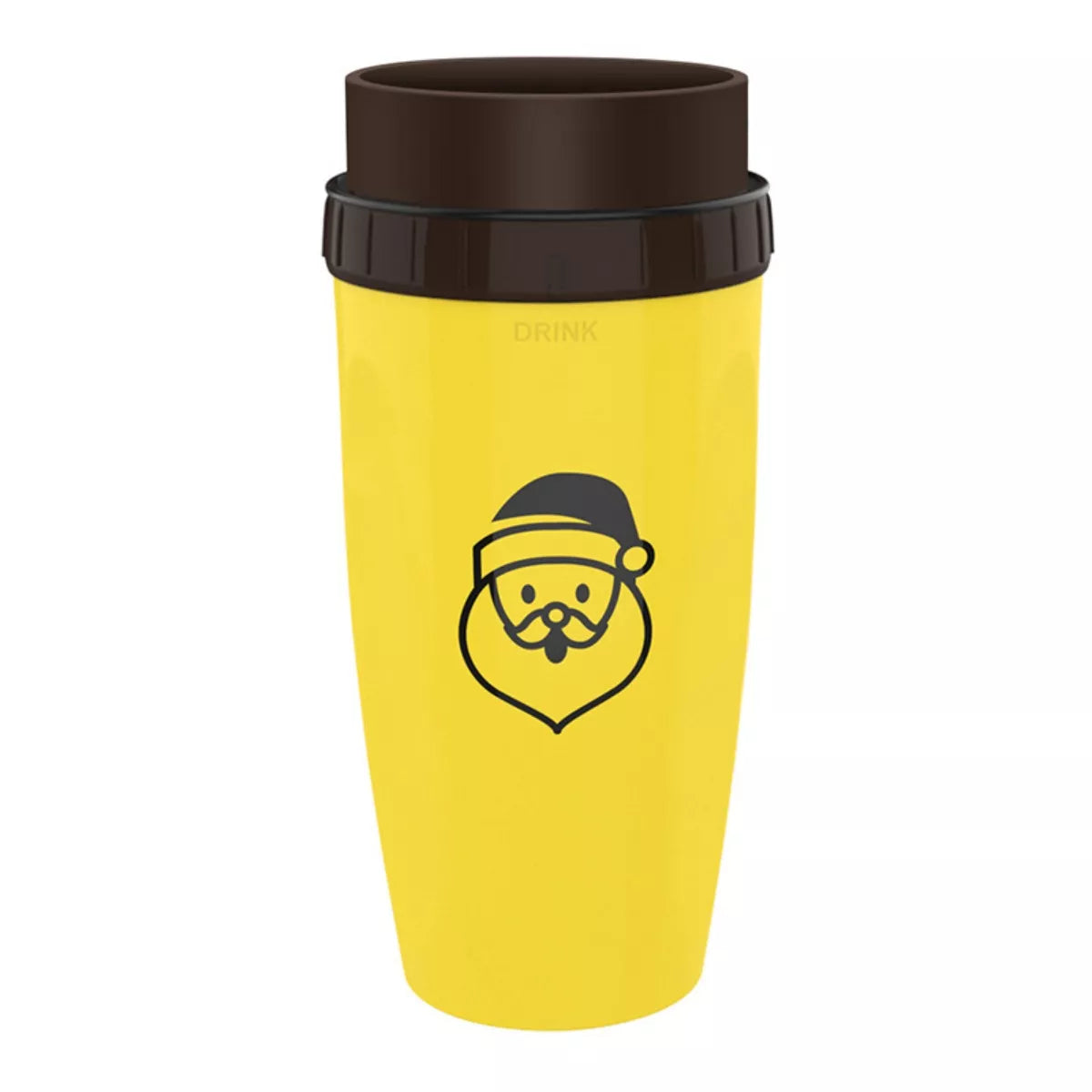 Yellow tumbler kettle with Santa cartoon face and dark brown flip-top lid