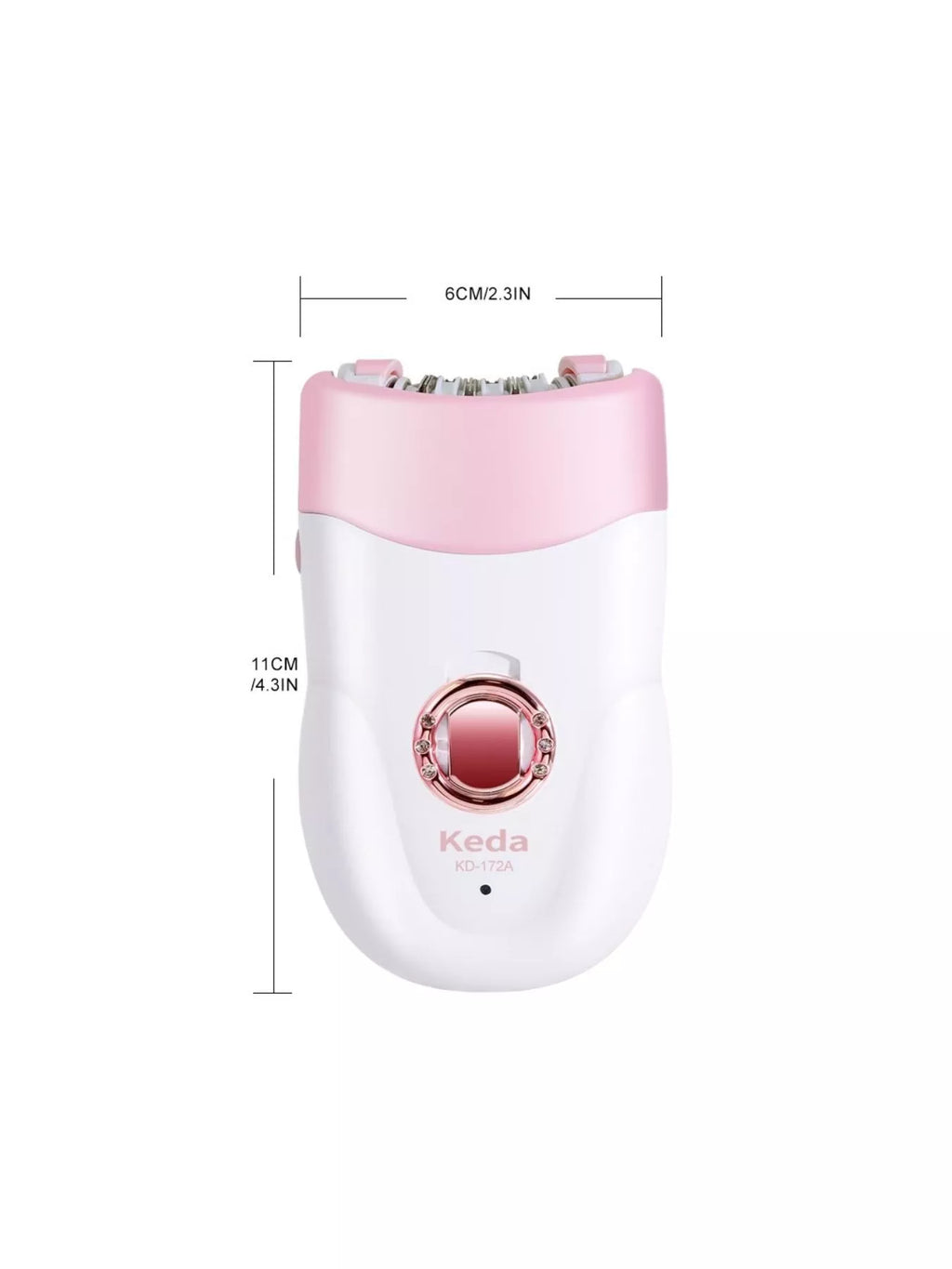 Electric clip hair remover dimensions shown: 6cm wide, 11cm tall; white and pink body